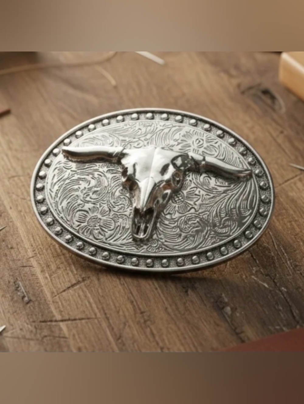 Silver Western long horn steer bull rodeo belt Buckle